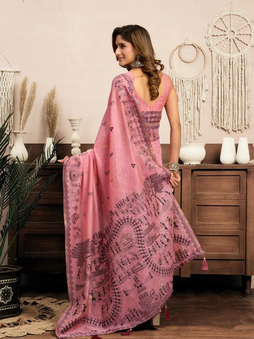 Pink Cotton Blend Saree with Warli-Style Print, back with pallu