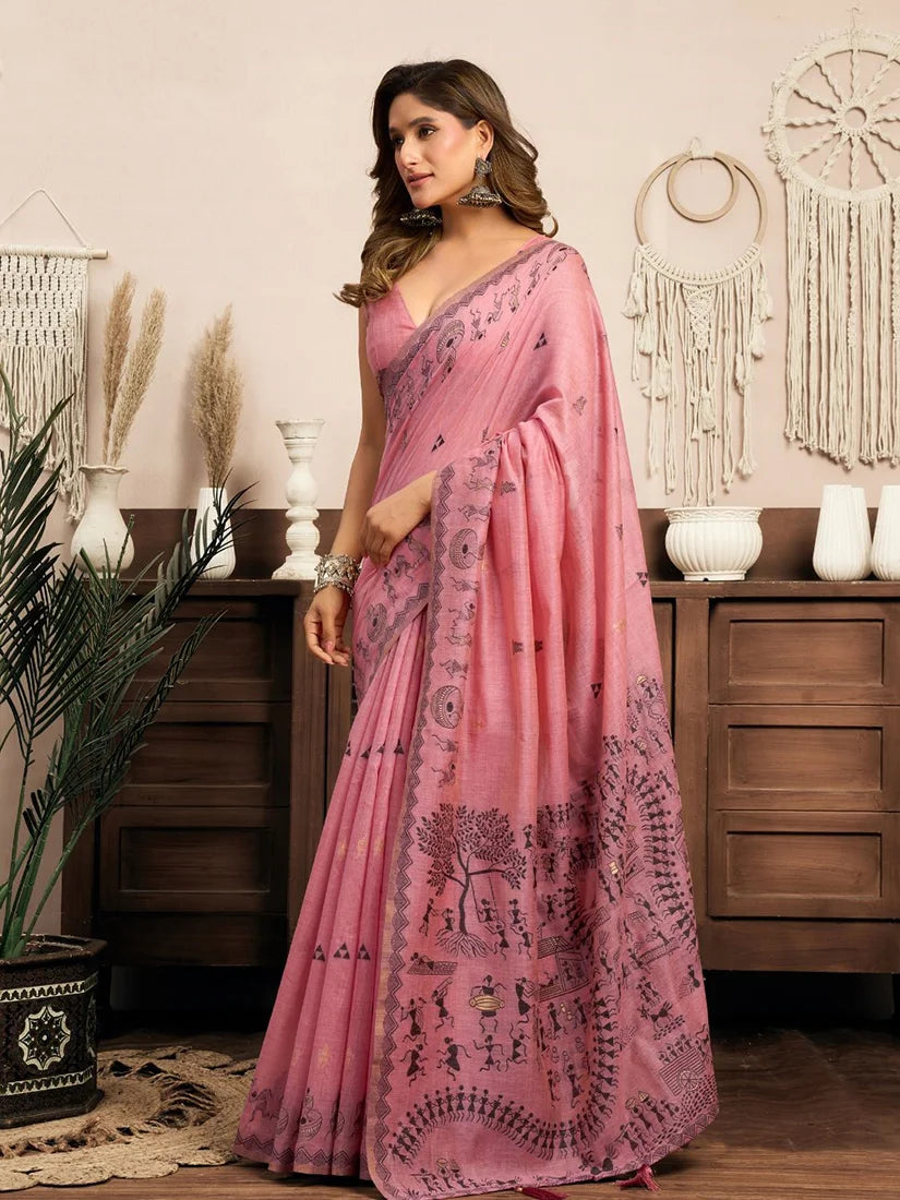Pink Cotton Blend Saree with Warli-Style Print, side