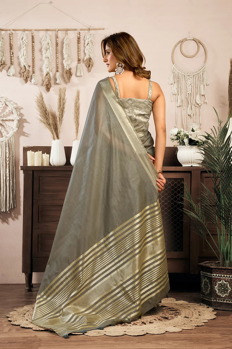 Gray Cotton Blend Saree with Zari Stripe Pallu, back with pallu