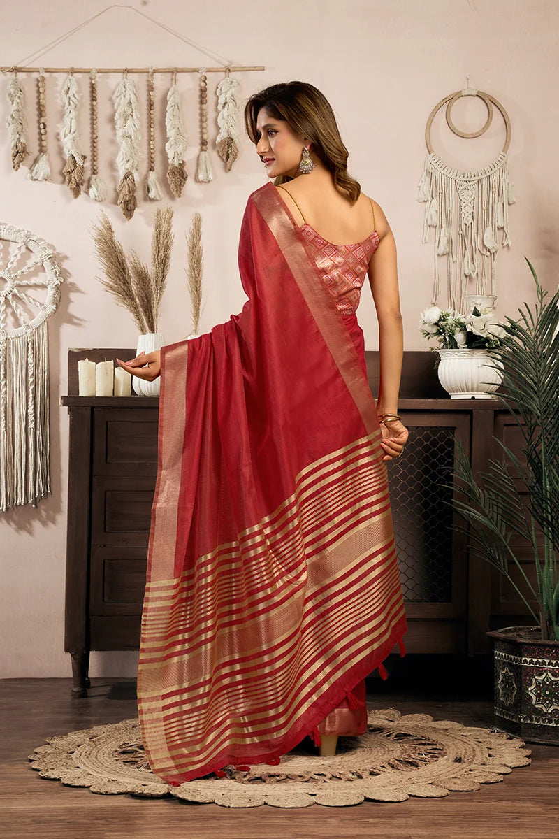 Red Cotton Blend Saree with Zari Stripe Pallu, back with pallu