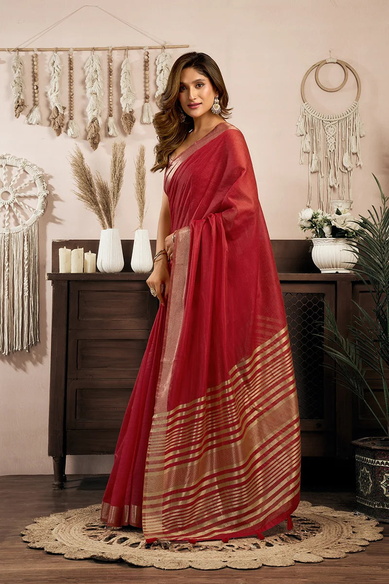Red Cotton Blend Saree with Zari Stripe Pallu, side