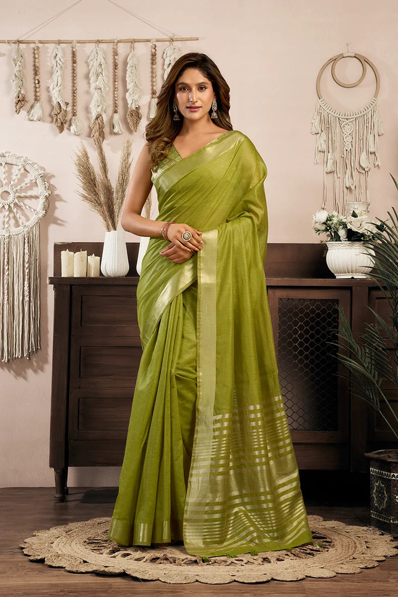 Green Cotton Blend Saree with Zari Stripe Pallu, front