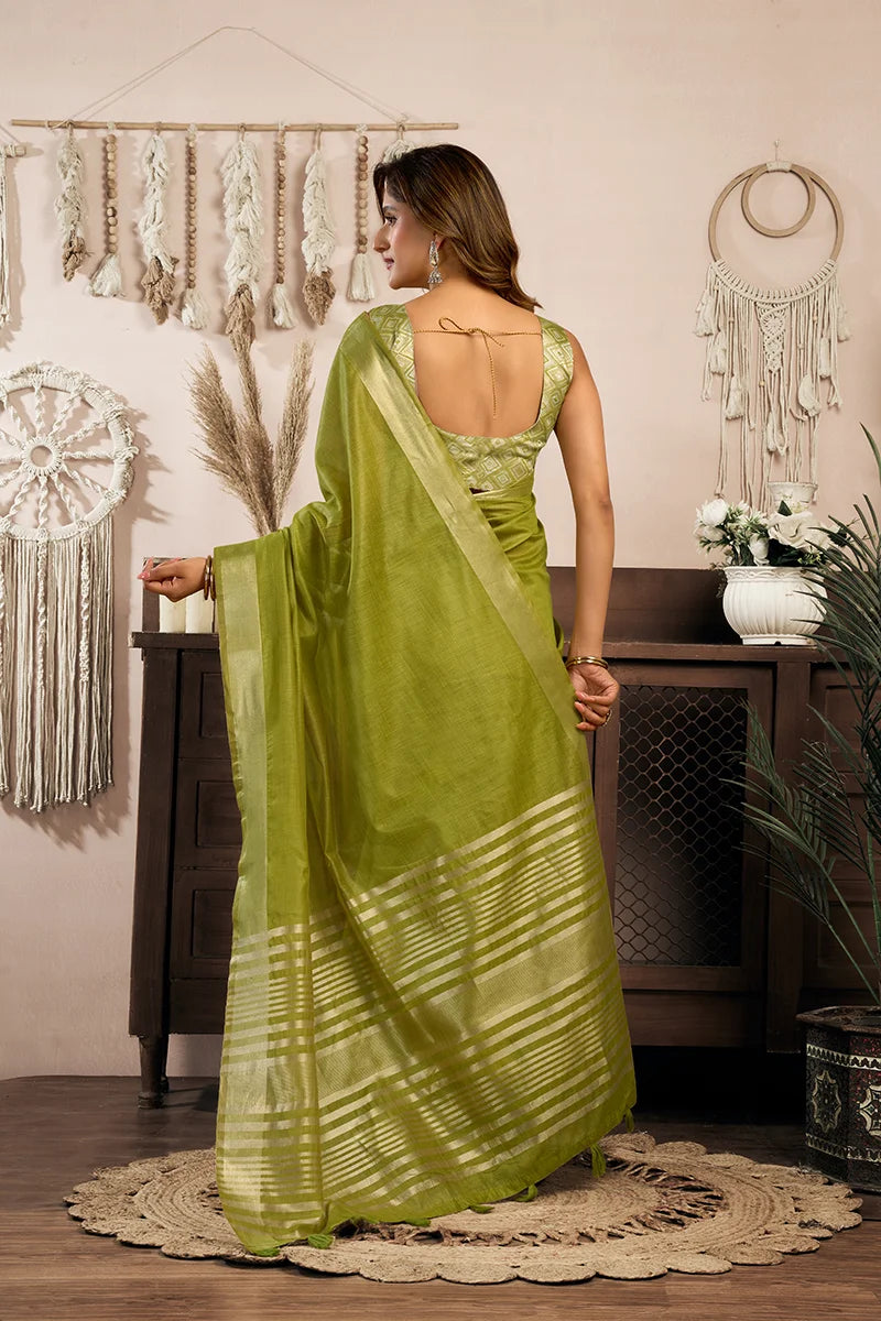 Green Cotton Blend Saree with Zari Stripe Pallu, back with pallu