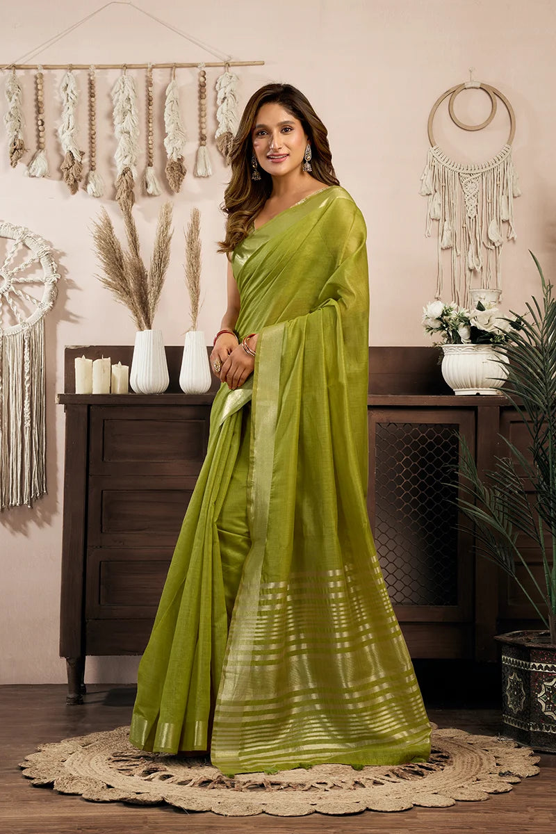 Green Cotton Blend Saree with Zari Stripe Pallu, side