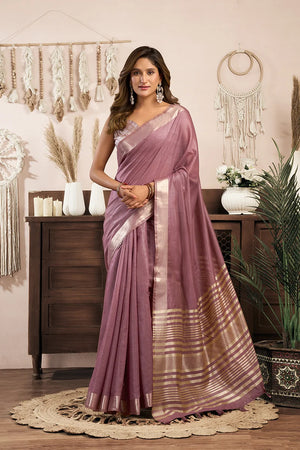 Mauve Cotton Blend Saree with Zari Stripe Pallu
