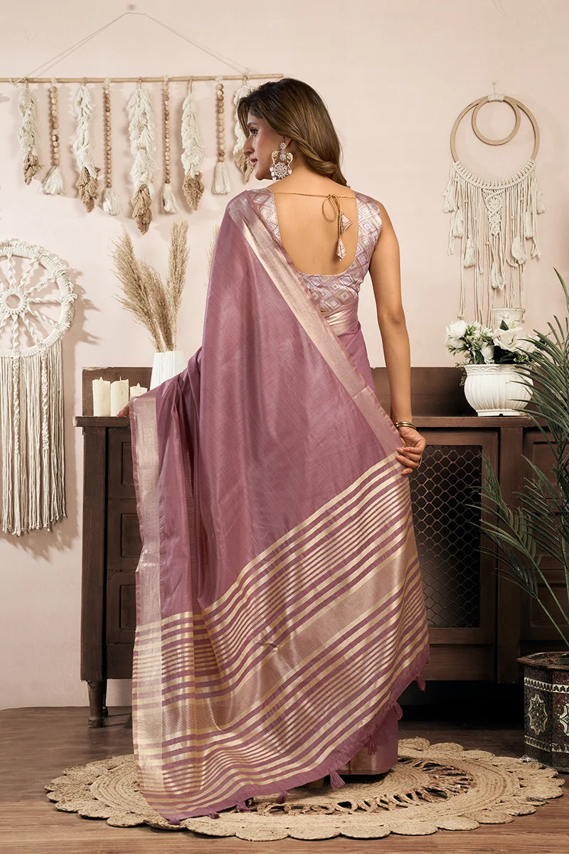Mauve Cotton Blend Saree with Zari Stripe Pallu, back with pallu