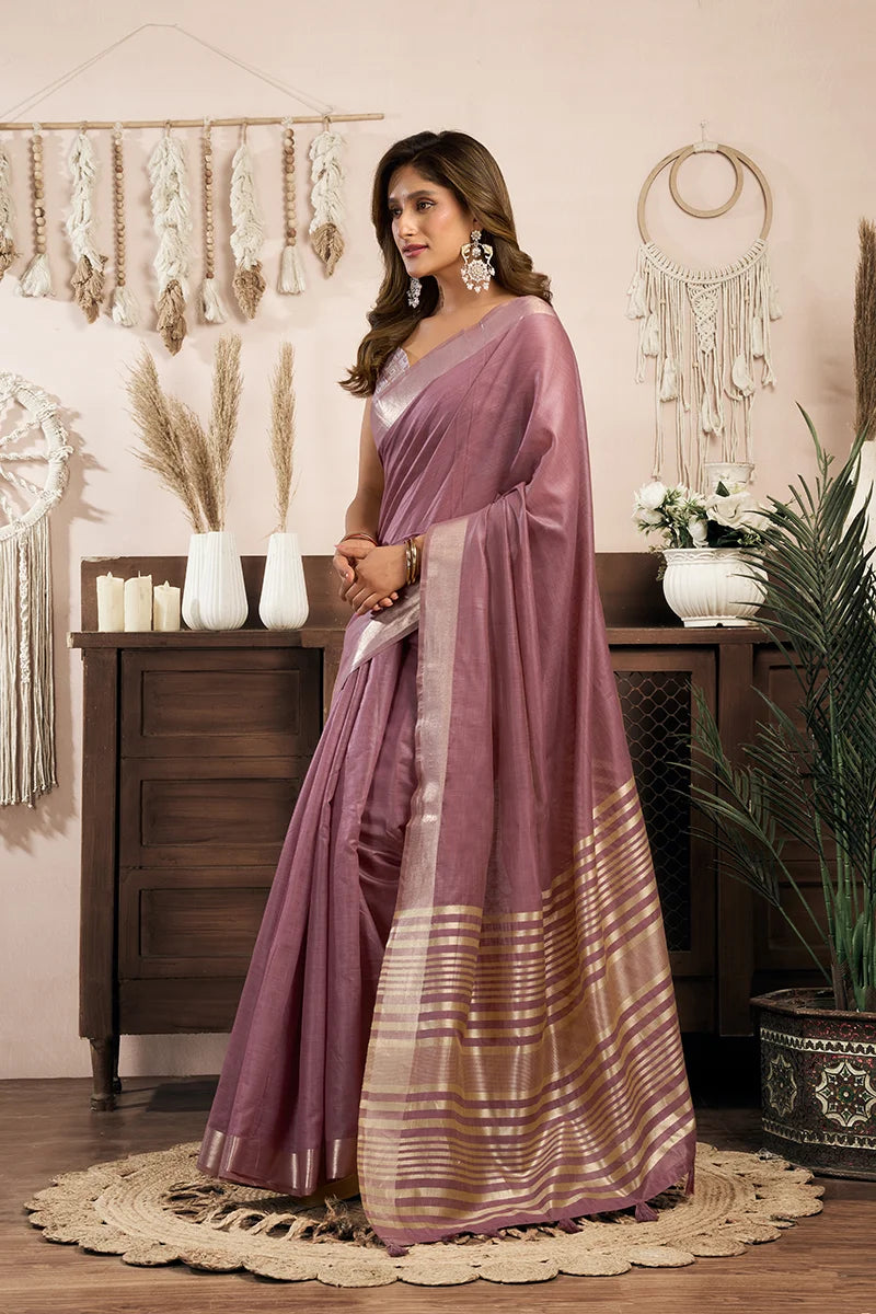 Mauve Cotton Blend Saree with Zari Stripe Pallu, side