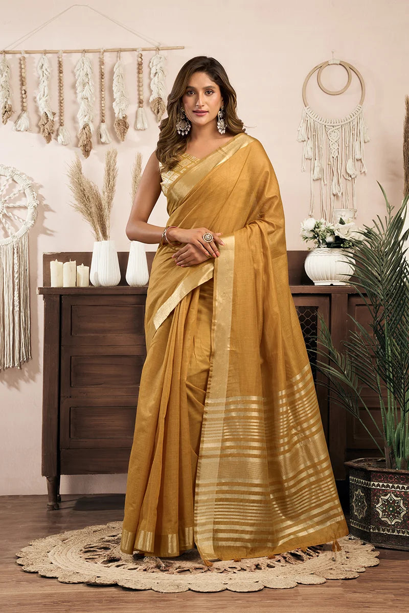 Mustard Cotton Blend Saree with Zari Stripe Pallu, front