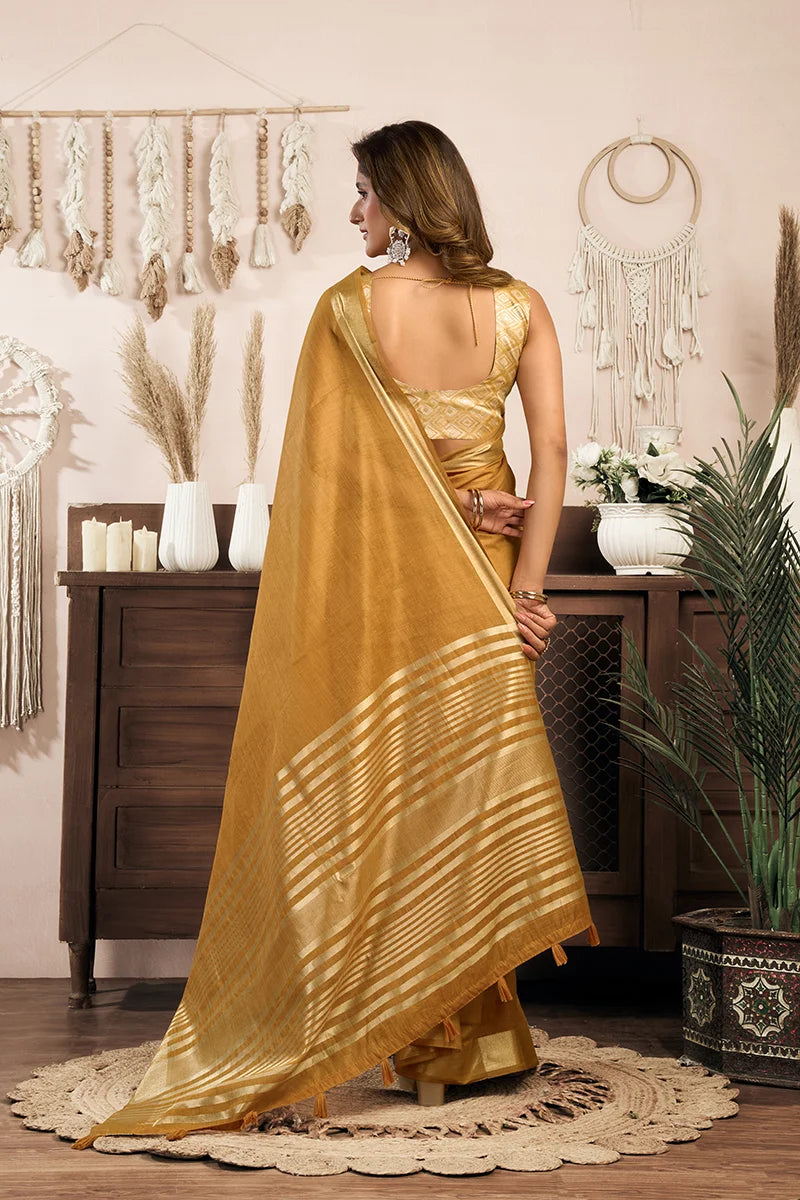 Mustard Cotton Blend Saree with Zari Stripe Pallu, back with pallu