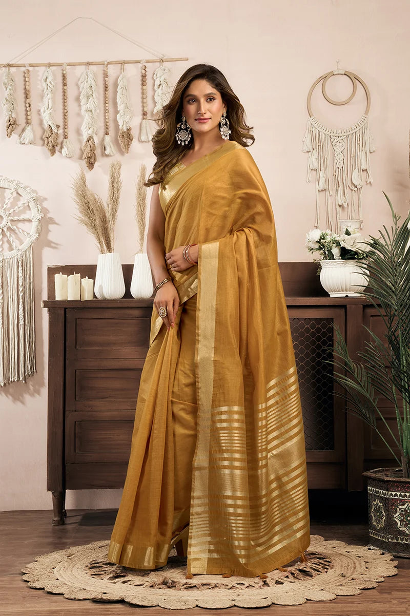 Mustard Cotton Blend Saree with Zari Stripe Pallu, side