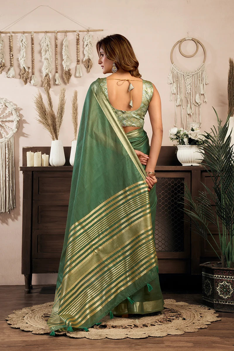 Green Cotton Blend Saree with Zari Stripe Pallu, back with pallu