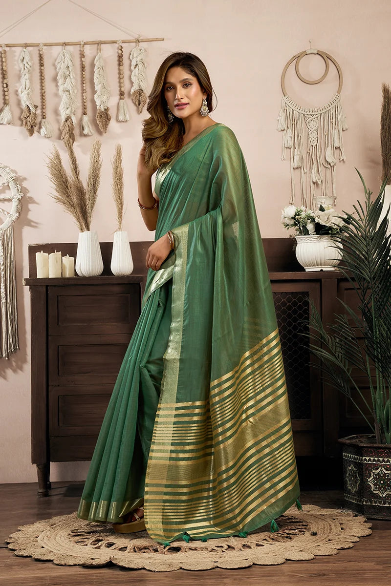 Green Cotton Blend Saree with Zari Stripe Pallu, side