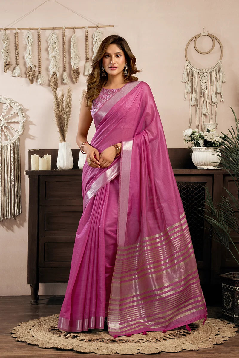 Pink Cotton Blend Saree with Zari Stripe Pallu, front