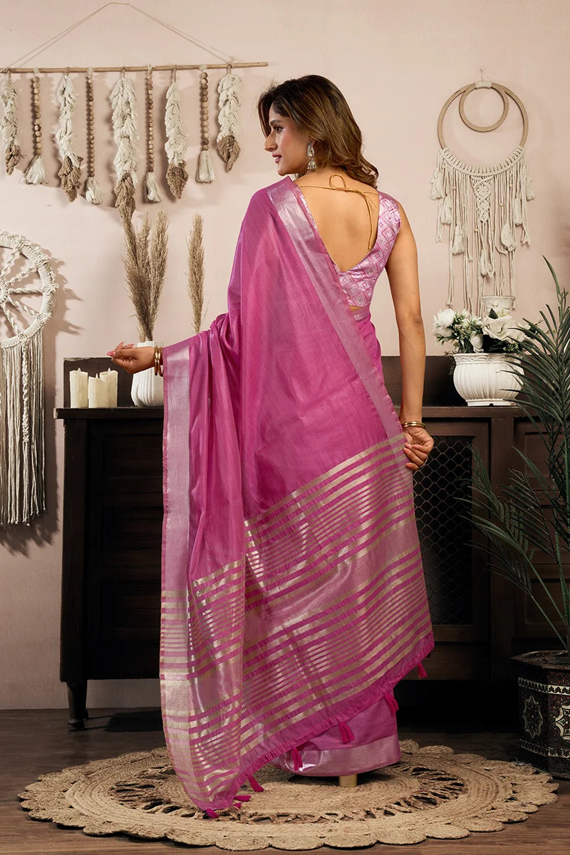 Pink Cotton Blend Saree with Zari Stripe Pallu, back with pallu