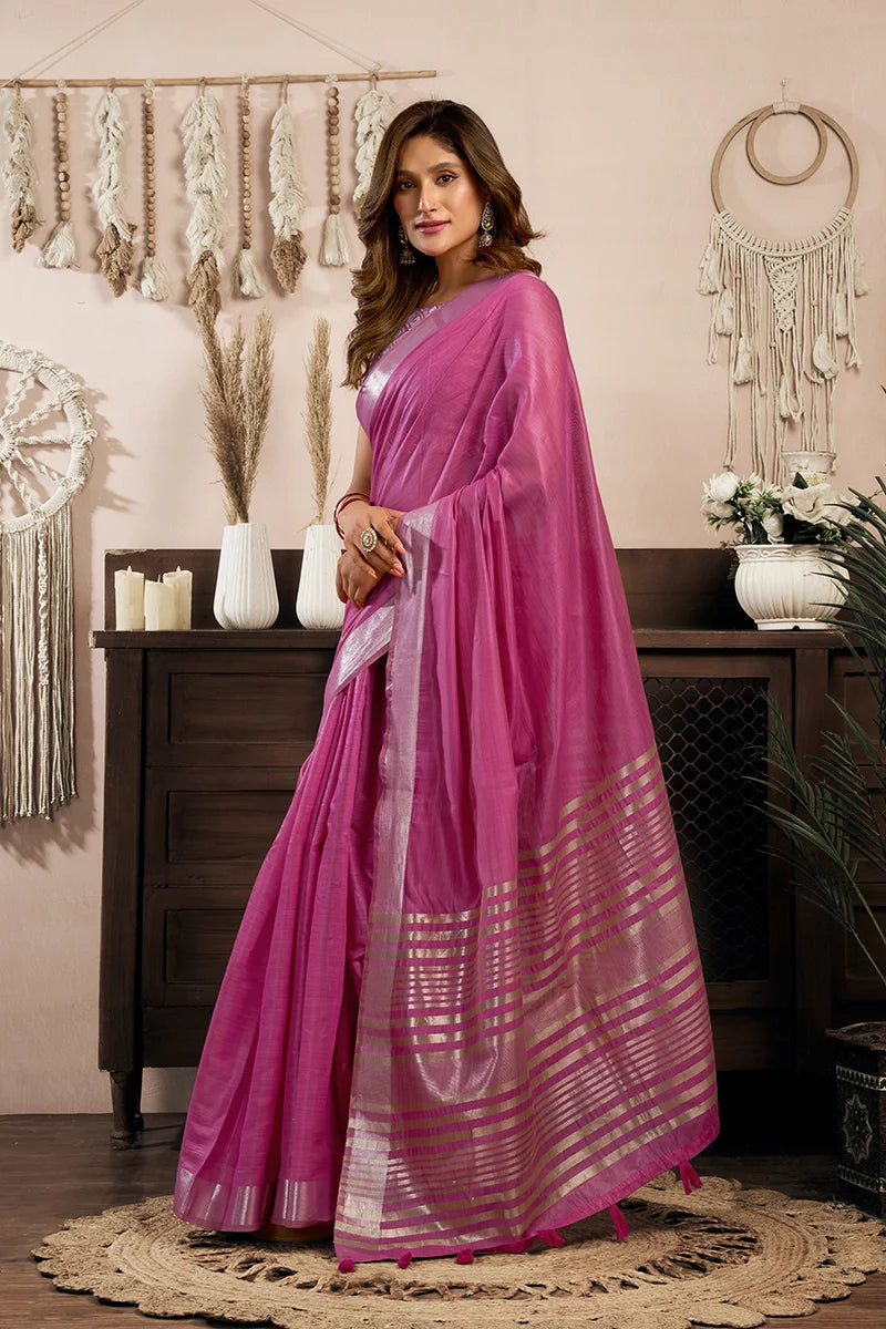 Pink Cotton Blend Saree with Zari Stripe Pallu, side