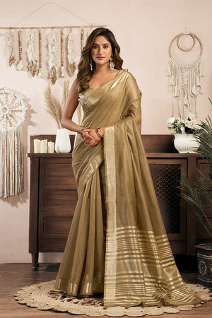 Beige Cotton Blend Saree with Zari Stripe Pallu