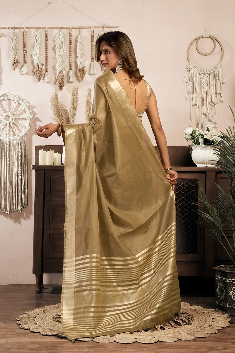 Beige Cotton Blend Saree with Zari Stripe Pallu, back with pallu