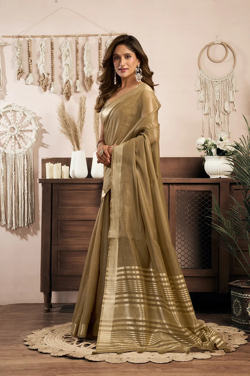 Beige Cotton Blend Saree with Zari Stripe Pallu, side