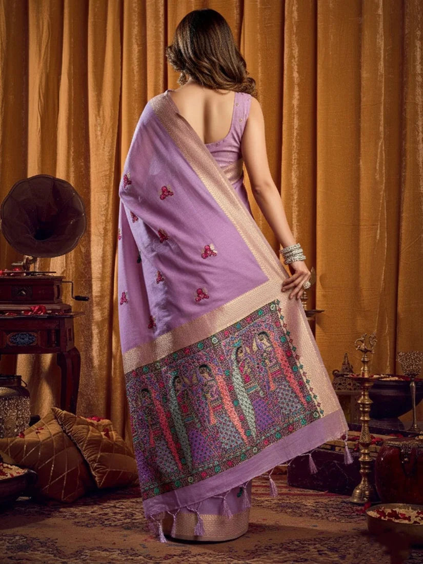 Lavender Cotton Blend Saree with Madhubani-Style Pallu, back with pallu