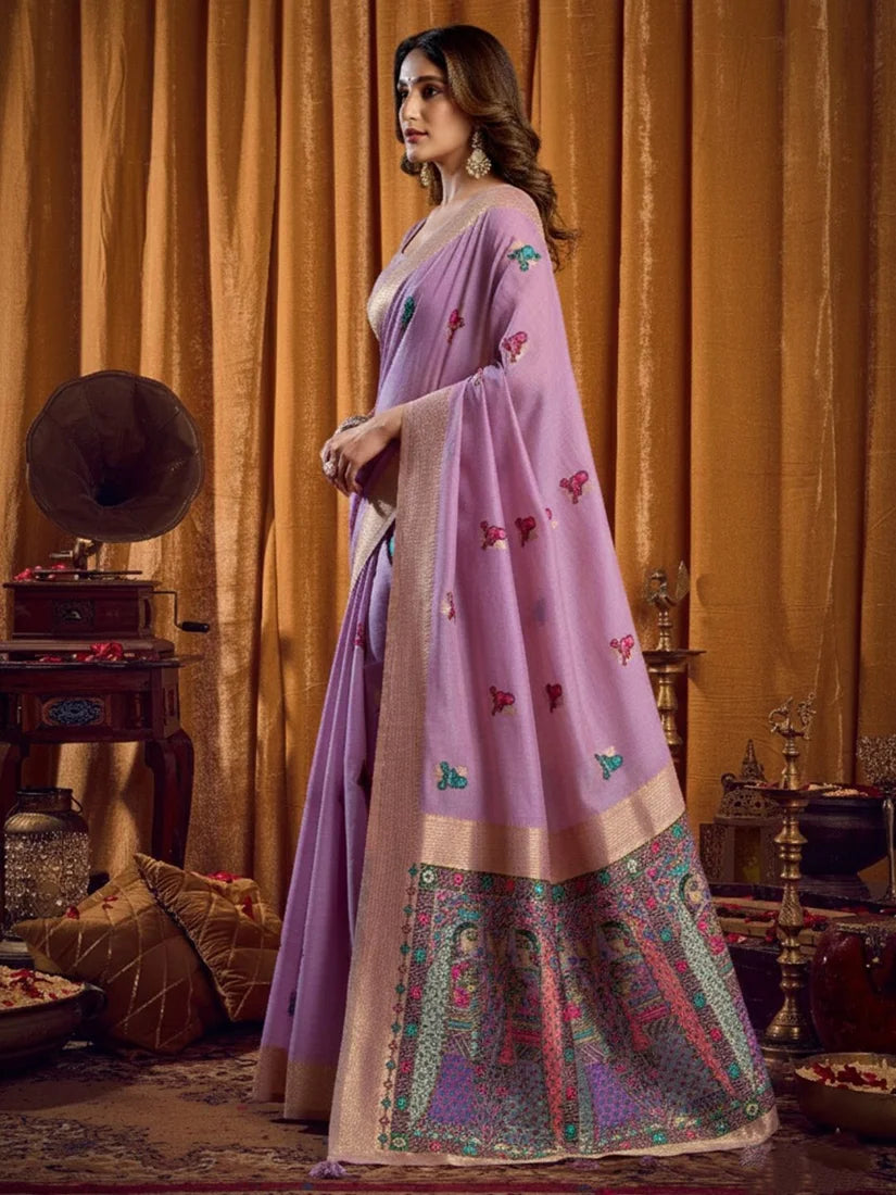Lavender Cotton Blend Saree with Madhubani-Style Pallu, side