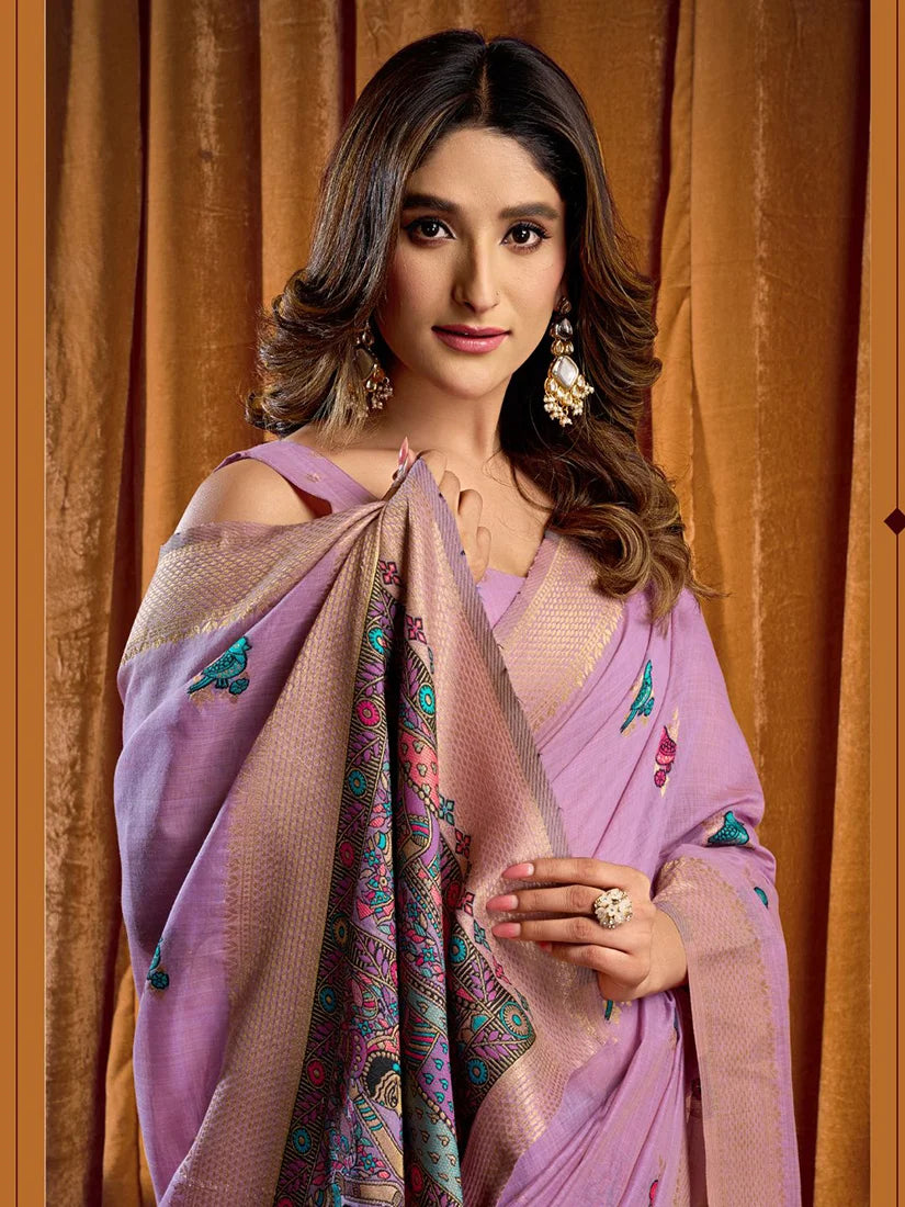Lavender Cotton Blend Saree with Madhubani-Style Pallu, drape detail