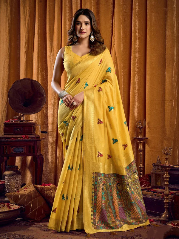 Yellow Cotton Blend Saree with Madhubani-Style Pallu, front