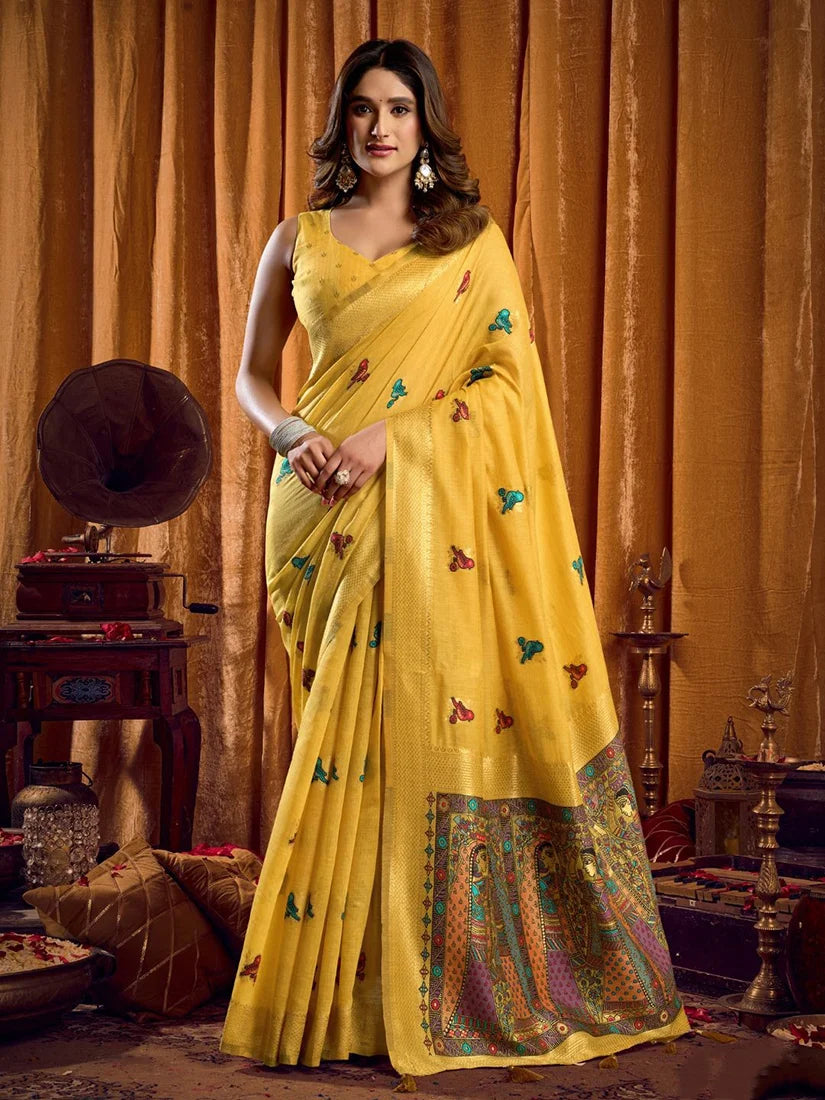 Yellow Cotton Blend Saree with Madhubani-Style Pallu, front
