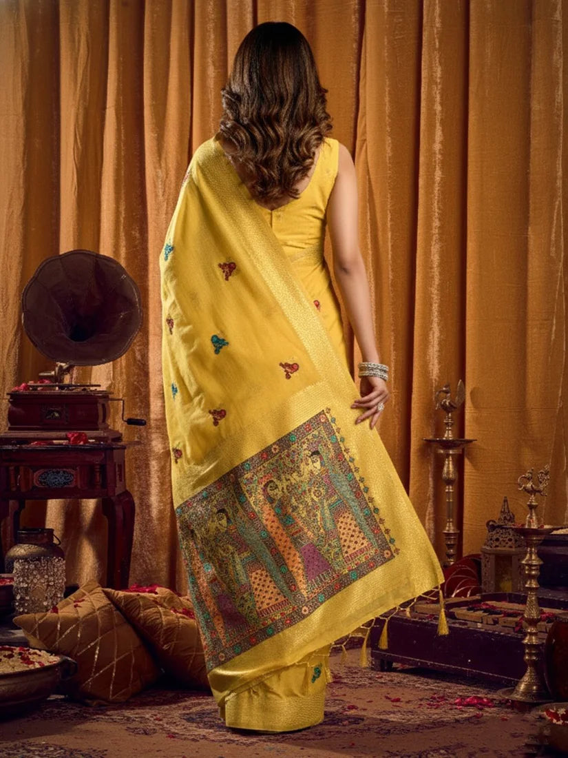 Yellow Cotton Blend Saree with Madhubani-Style Pallu, back with pallu