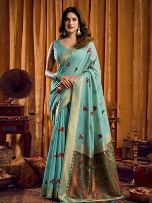 Sky Blue Cotton Blend Saree with Madhubani-Style Pallu