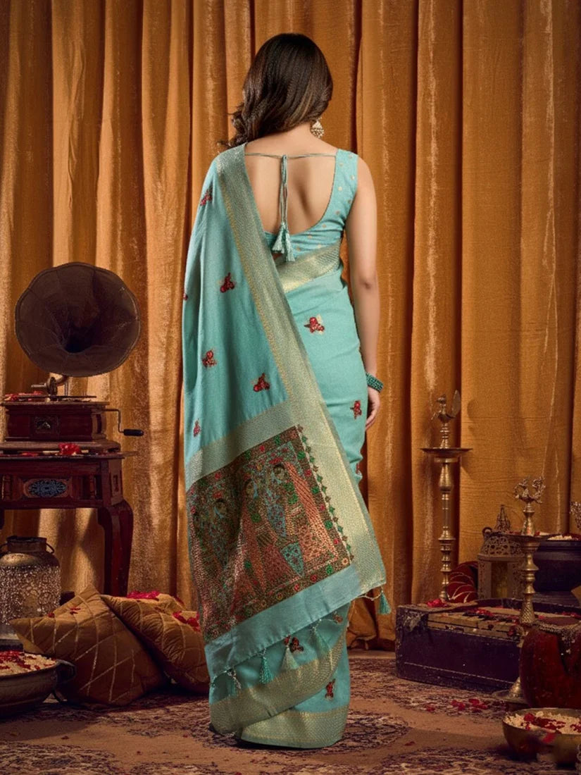 Sky Blue Cotton Blend Saree with Madhubani-Style Pallu, back with pallu