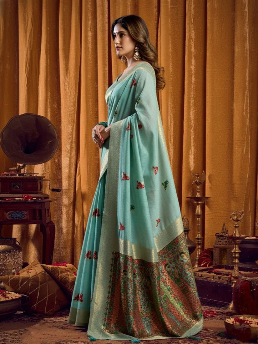 Sky Blue Cotton Blend Saree with Madhubani-Style Pallu, side