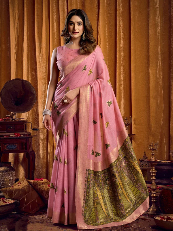 Pink Cotton Blend Saree with Madhubani-Style Pallu, front