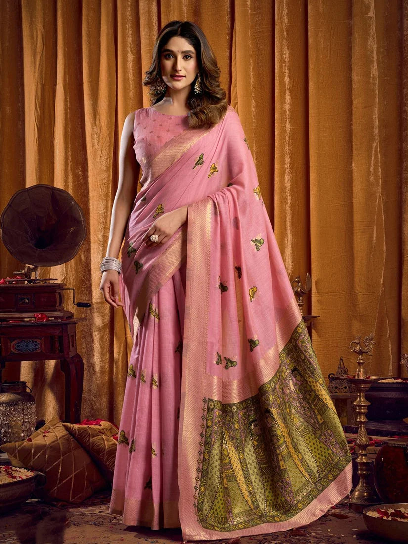 Pink Cotton Blend Saree with Madhubani-Style Pallu, front