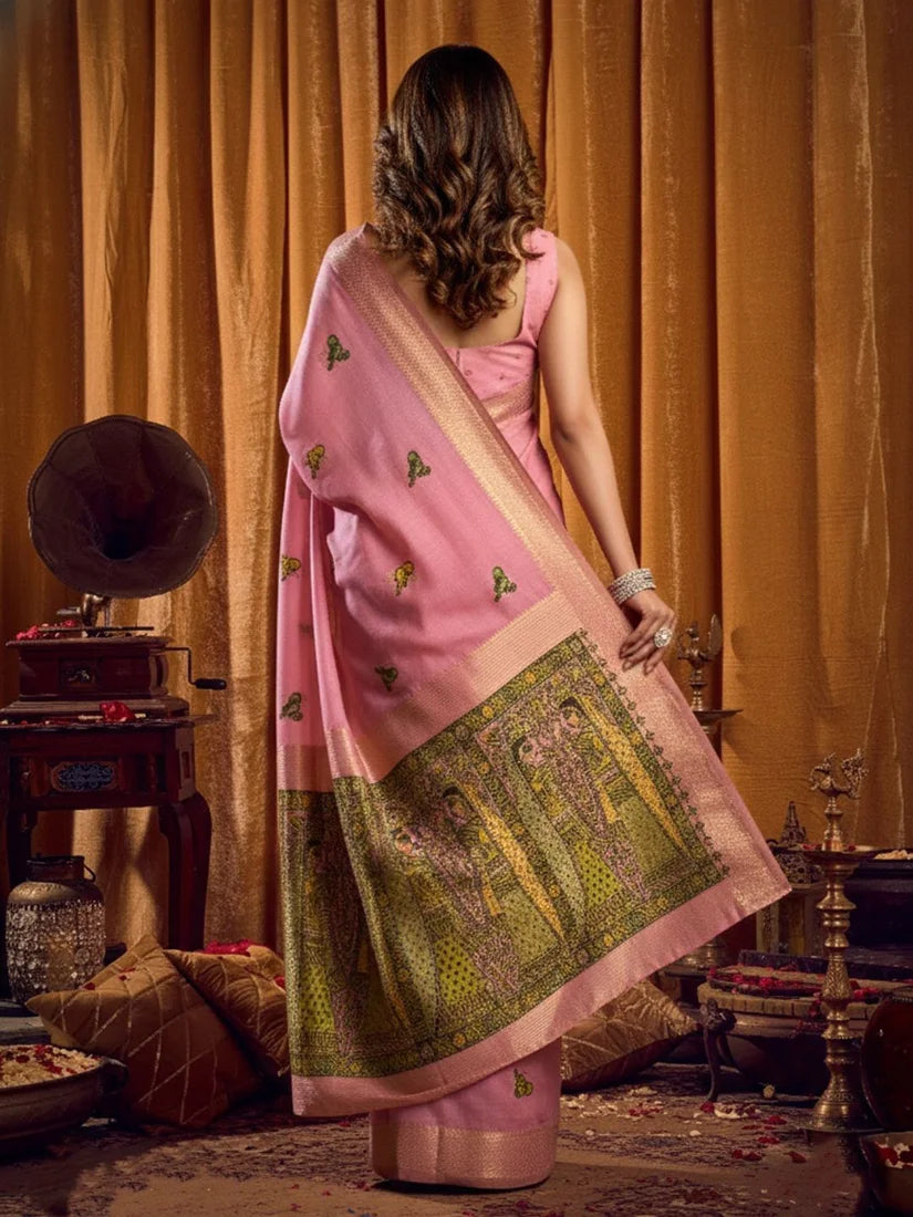 Pink Cotton Blend Saree with Madhubani-Style Pallu, back with pallu