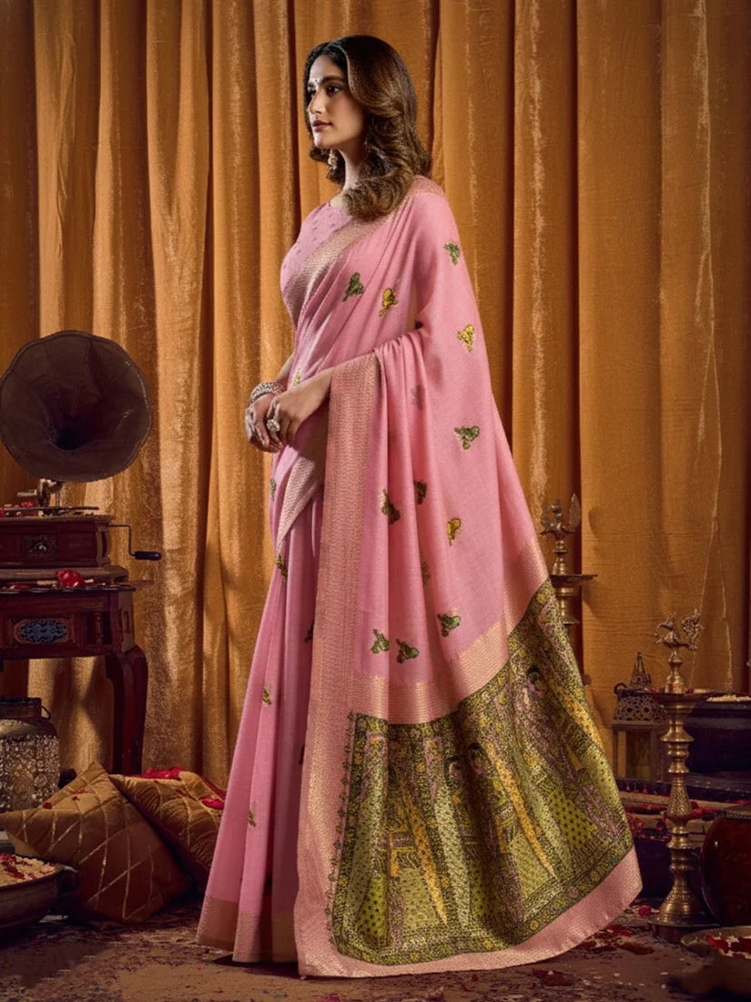 Pink Cotton Blend Saree with Madhubani-Style Pallu, side