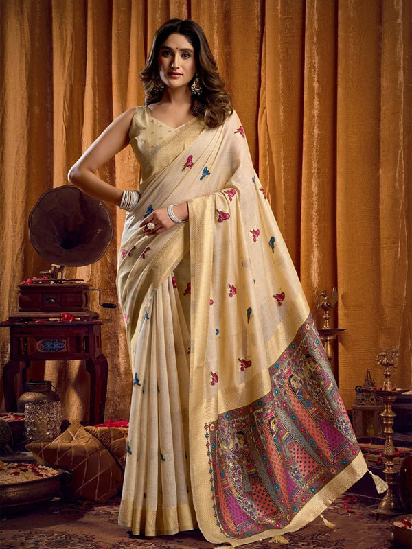 Cream Cotton Blend Saree with Madhubani-Style Pallu, front
