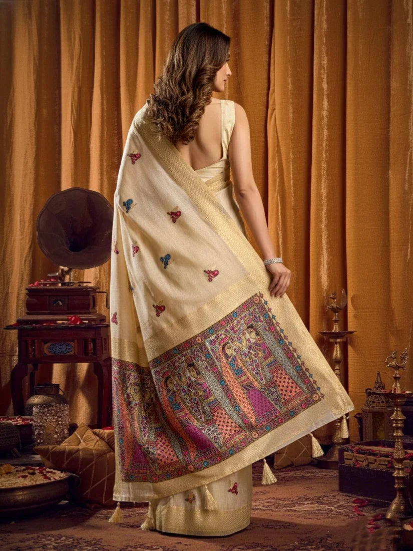 Cream Cotton Blend Saree with Madhubani-Style Pallu, back with pallu