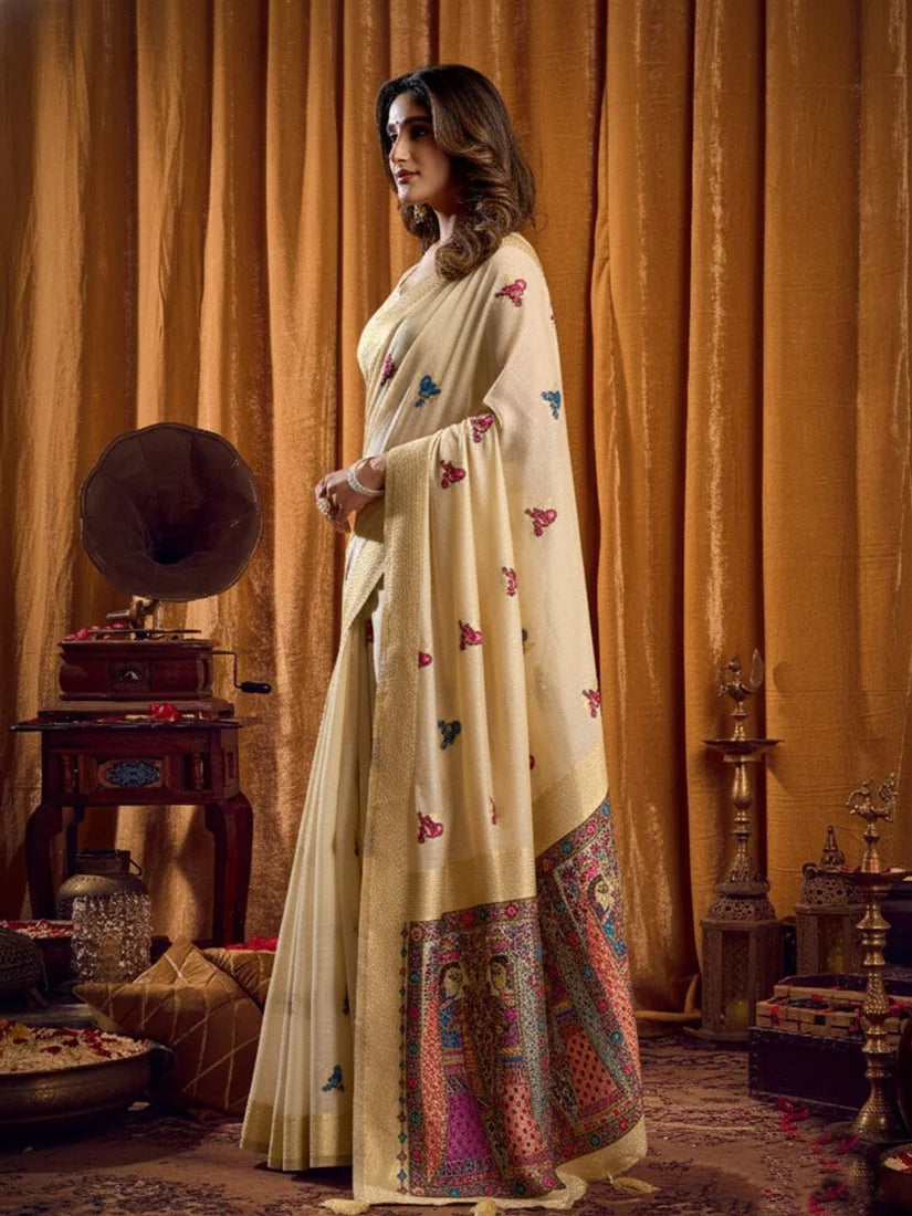 Cream Cotton Blend Saree with Madhubani-Style Pallu, side