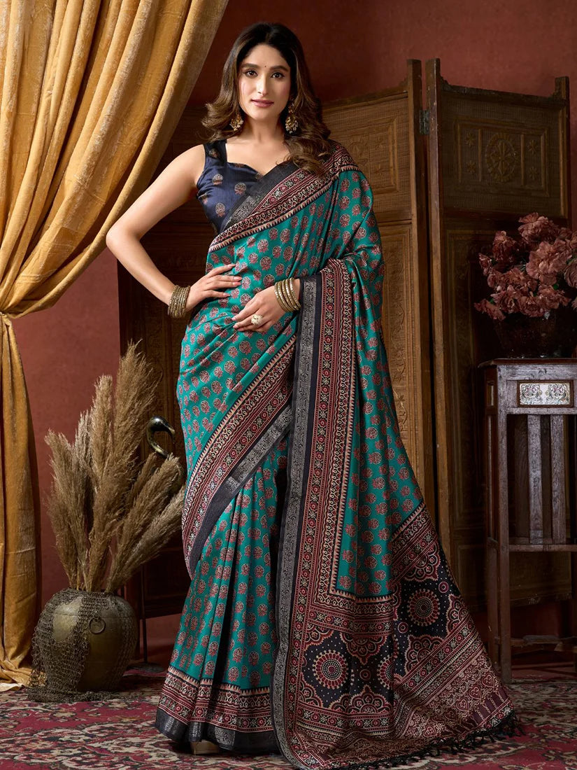 Teal Crepe Saree with Printed Medallion Pallu, front