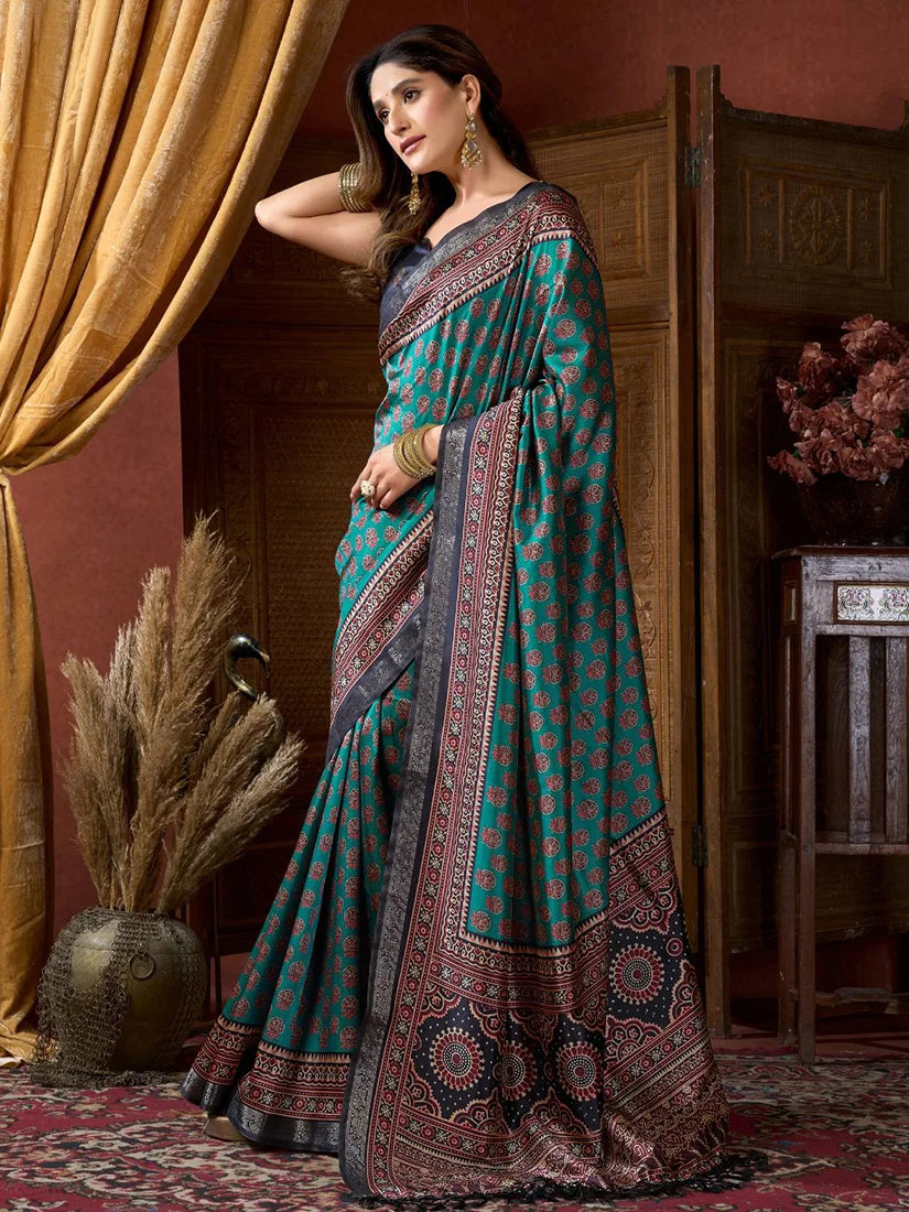 Teal Crepe Saree with Printed Medallion Pallu, side