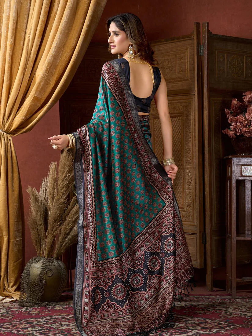 Teal Crepe Saree with Printed Medallion Pallu, back