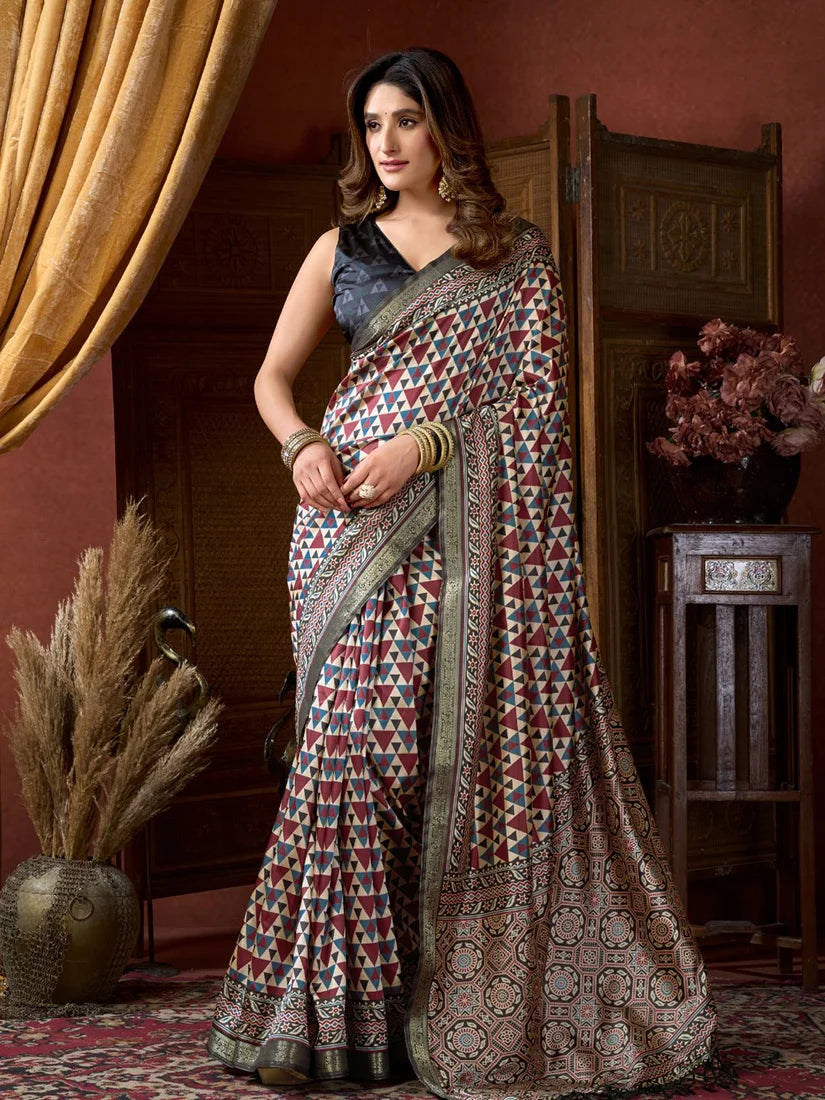 Multicolor Crepe Saree with Printed Medallion Pallu, front