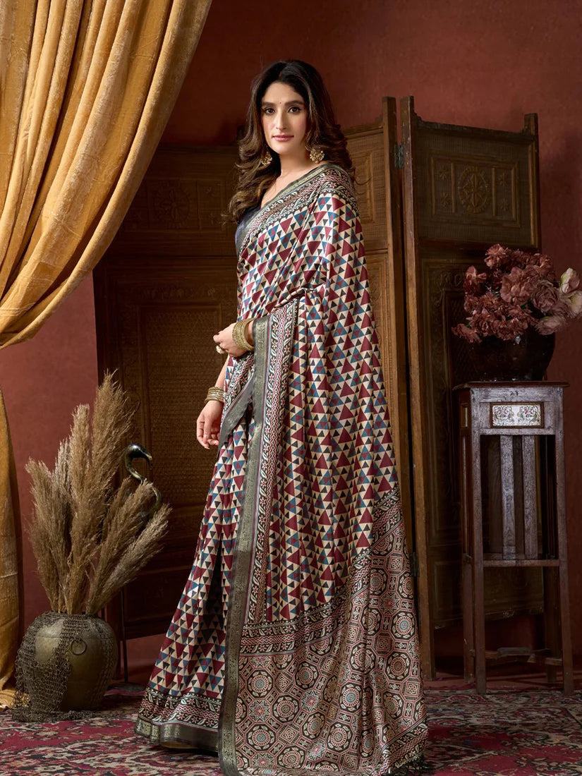 Multicolor Crepe Saree with Printed Medallion Pallu, side