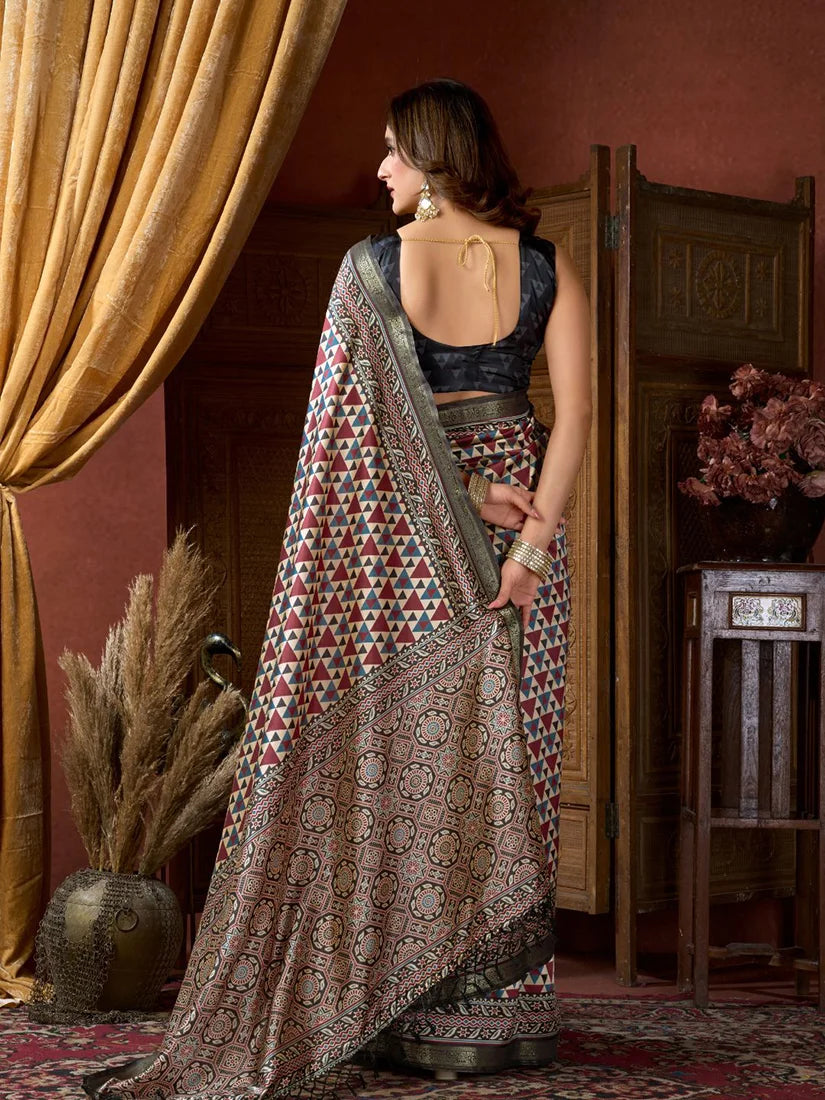 Multicolor Crepe Saree with Printed Medallion Pallu, back