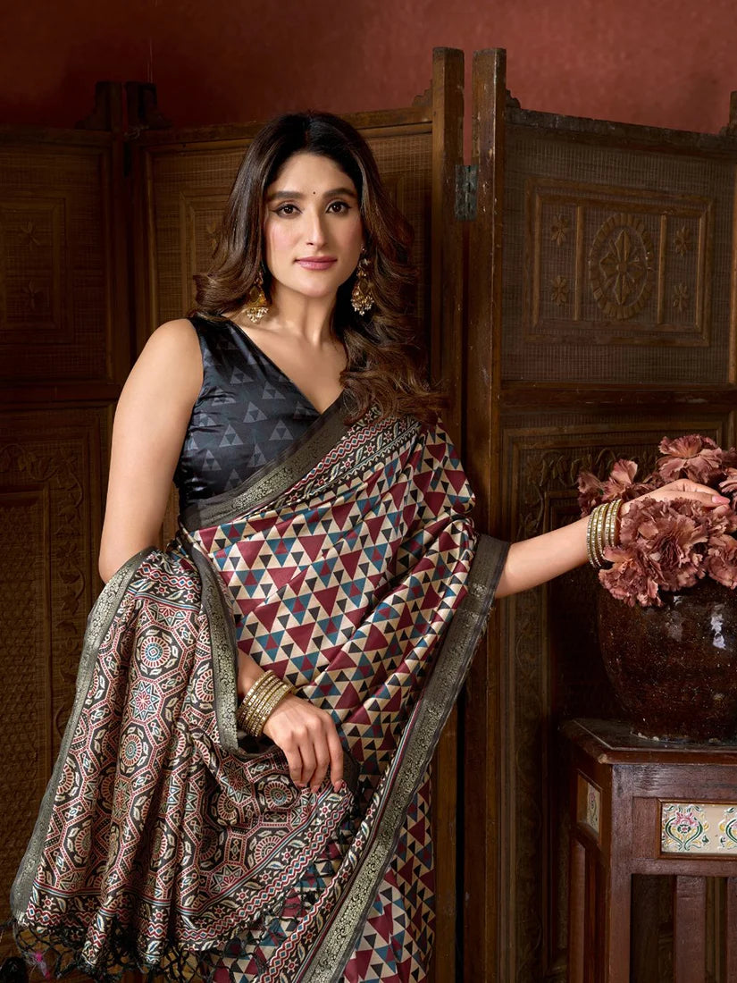 Multicolor Crepe Saree with Printed Medallion Pallu, blouse and pallu close-up