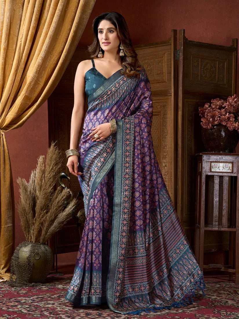 Purple Crepe Saree with Printed Medallion Pallu, front