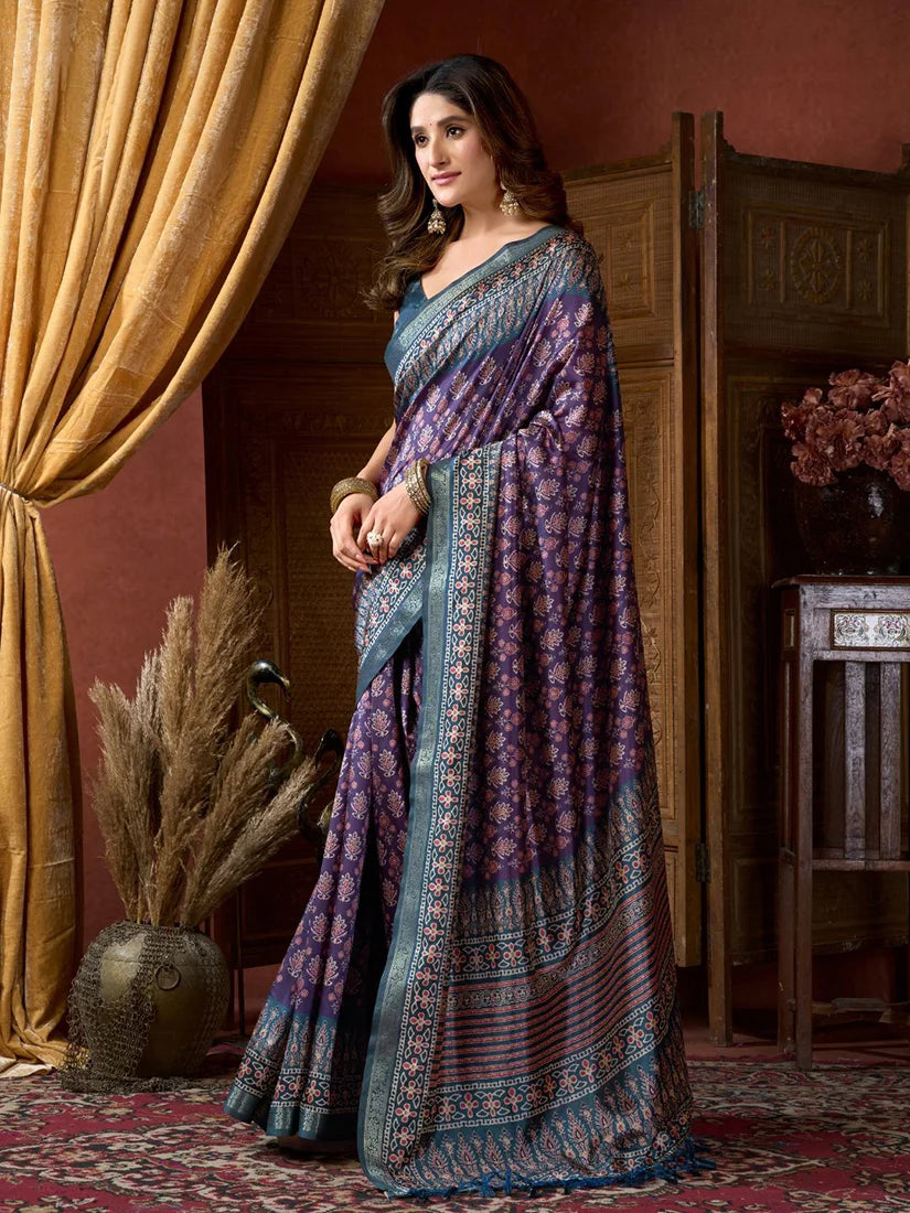 Purple Crepe Saree with Printed Medallion Pallu, side