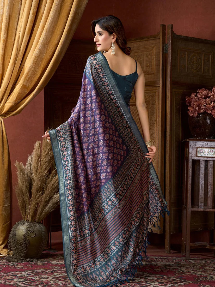 Purple Crepe Saree with Printed Medallion Pallu, back