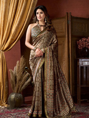 Brown Crepe Saree with Printed Medallion Pallu