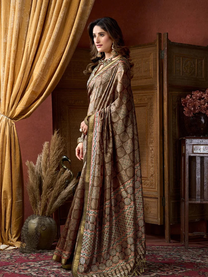 Brown Crepe Saree with Printed Medallion Pallu, side